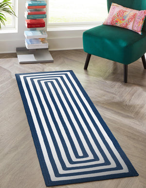 Washable Navy Blue and White 2' x 6' 1 Eco Verse Indoor Outdoor Washable Runner Area Rug Easy to Clean Stain Resistant & Durable Weather Resistant for Patio, Deck, Terrace, Balcony, Porch 100% PET Polyester (Recycled Plastic Bottles) for Sale at Rug Engine