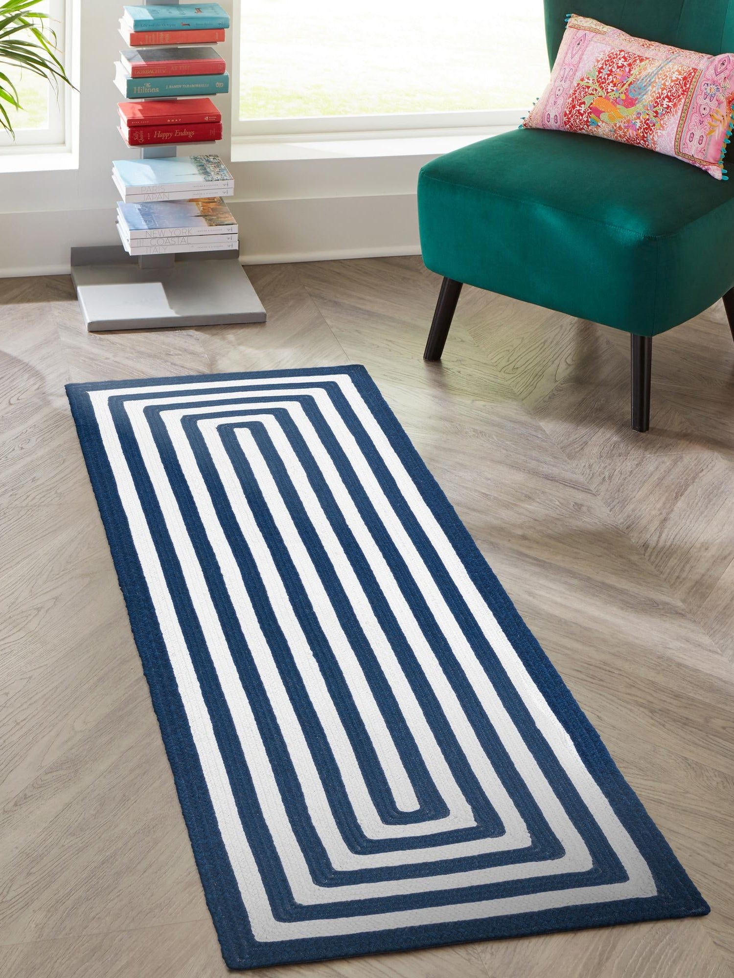 Washable Navy Blue and White 2' x 8' Eco Verse Indoor Outdoor Washable Runner Area Rug Easy to Clean Stain Resistant & Durable Weather Resistant for Patio, Deck, Terrace, Balcony, Porch 100% PET Polyester (Recycled Plastic Bottles) for Sale at Rug Engine