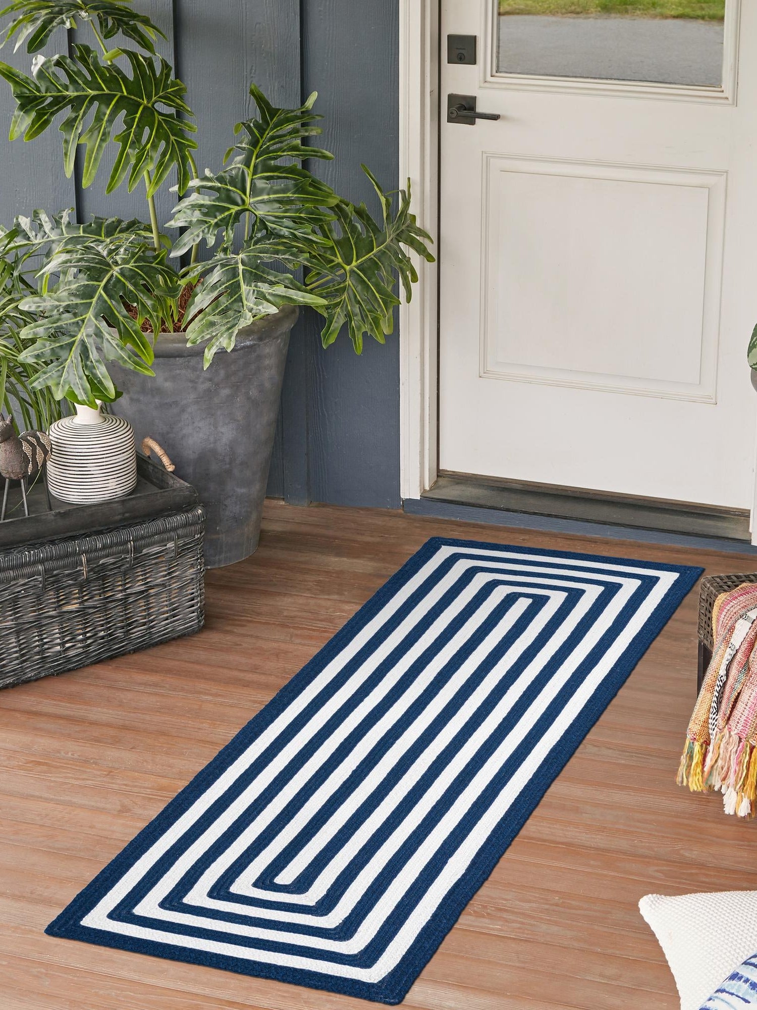 Washable Navy Blue and White 2' x 8' Eco Verse Indoor Outdoor Washable Runner Area Rug Easy to Clean Stain Resistant & Durable Weather Resistant for Patio, Deck, Terrace, Balcony, Porch 100% PET Polyester (Recycled Plastic Bottles) for Sale at Rug Engine