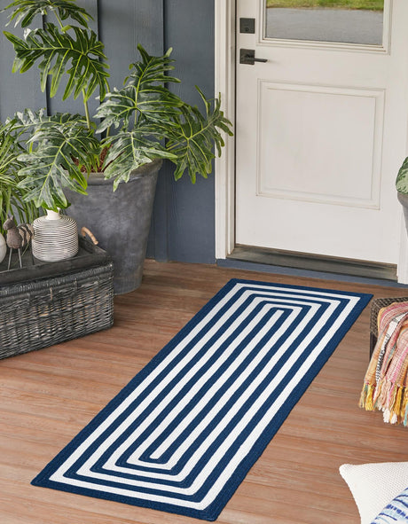 Washable Navy Blue and White 2' x 8' Eco Verse Indoor Outdoor Washable Runner Area Rug Easy to Clean Stain Resistant & Durable Weather Resistant for Patio, Deck, Terrace, Balcony, Porch 100% PET Polyester (Recycled Plastic Bottles) for Sale at Rug Engine