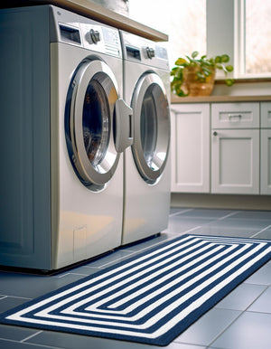 Washable Navy Blue and White 2' x 6' 1 Eco Verse Indoor Outdoor Washable Runner Area Rug Easy to Clean Stain Resistant & Durable Weather Resistant for Patio, Deck, Terrace, Balcony, Porch 100% PET Polyester (Recycled Plastic Bottles) for Sale at Rug Engine