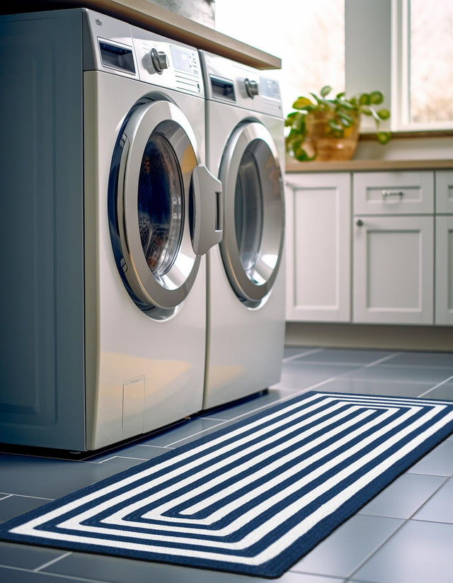 Washable Navy Blue and White 2' x 6' 1 Eco Verse Indoor Outdoor Washable Runner Area Rug Easy to Clean Stain Resistant & Durable Weather Resistant for Patio, Deck, Terrace, Balcony, Porch 100% PET Polyester (Recycled Plastic Bottles) for Sale at Rug Engine
