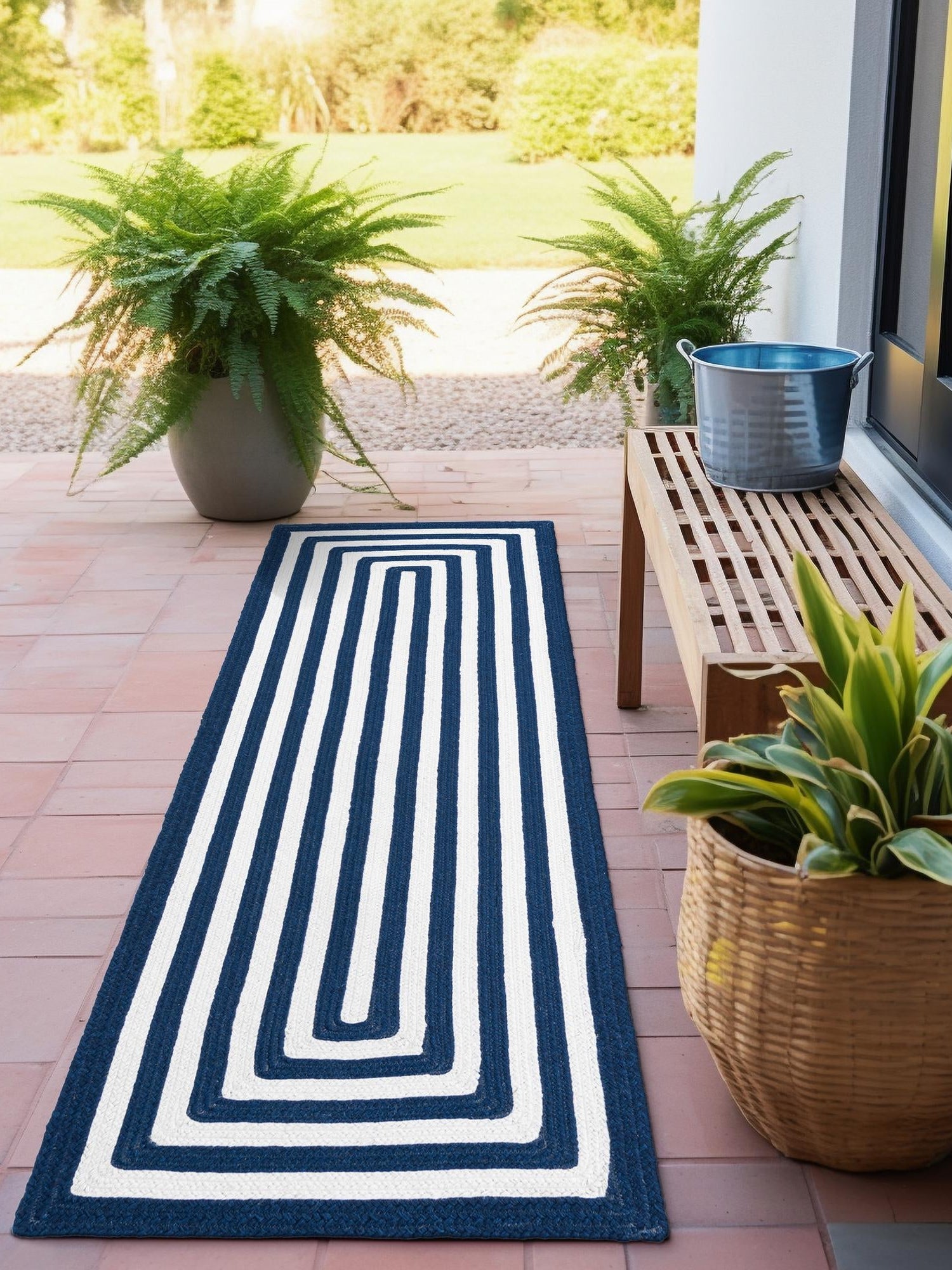 Washable Navy Blue and White 2' x 8' Eco Verse Indoor Outdoor Washable Runner Area Rug Easy to Clean Stain Resistant & Durable Weather Resistant for Patio, Deck, Terrace, Balcony, Porch 100% PET Polyester (Recycled Plastic Bottles) for Sale at Rug Engine