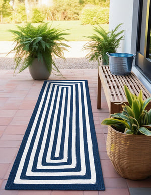 Washable Navy Blue and White 2' x 8' Eco Verse Indoor Outdoor Washable Runner Area Rug Easy to Clean Stain Resistant & Durable Weather Resistant for Patio, Deck, Terrace, Balcony, Porch 100% PET Polyester (Recycled Plastic Bottles) for Sale at Rug Engine