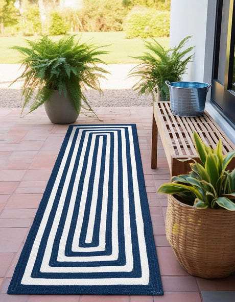 Washable Navy Blue and White 2' x 4' 1 Eco Verse Indoor Outdoor Washable Runner Area Rug Easy to Clean Stain Resistant & Durable Weather Resistant for Patio, Deck, Terrace, Balcony, Porch 100% PET Polyester (Recycled Plastic Bottles) for Sale at Rug Engine