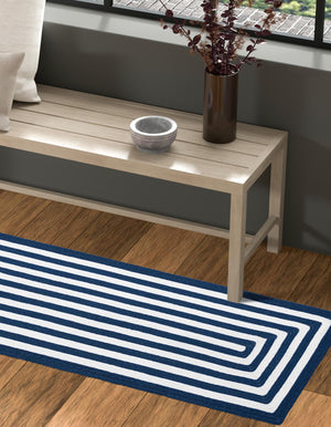 Washable Navy Blue and White 2' x 6' 1 Eco Verse Indoor Outdoor Washable Runner Area Rug Easy to Clean Stain Resistant & Durable Weather Resistant for Patio, Deck, Terrace, Balcony, Porch 100% PET Polyester (Recycled Plastic Bottles) for Sale at Rug Engine