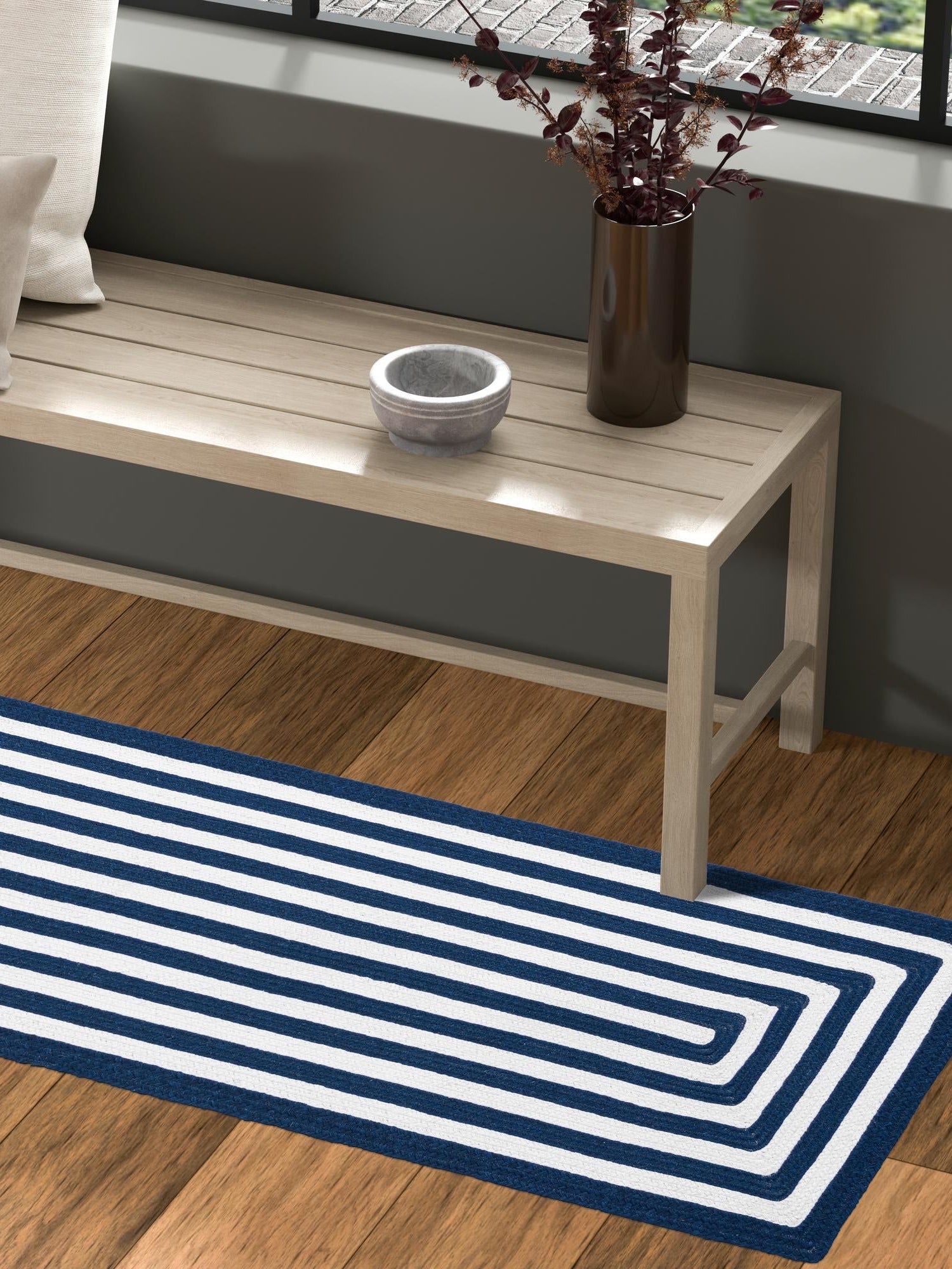 Washable Navy Blue and White 2' x 8' Eco Verse Indoor Outdoor Washable Runner Area Rug Easy to Clean Stain Resistant & Durable Weather Resistant for Patio, Deck, Terrace, Balcony, Porch 100% PET Polyester (Recycled Plastic Bottles) for Sale at Rug Engine