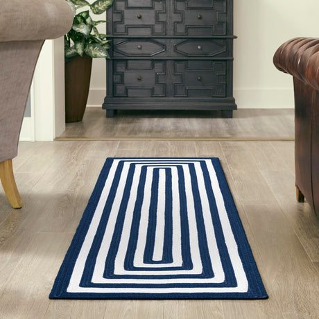 Washable Navy Blue and White 2' 7 x 10' Eco Verse Indoor Outdoor Washable Runner Area Rug Easy to Clean Stain Resistant & Durable Weather Resistant for Patio, Deck, Terrace, Balcony, Porch 100% PET Polyester (Recycled Plastic Bottles) for Sale at Rug Engine