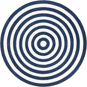 Washable Navy Blue and White 7' 10 x 7' 10 Eco Verse Indoor Outdoor Washable Round Area Rug Easy to Clean Stain Resistant & Durable Weather Resistant for Patio, Deck, Terrace, Balcony, Porch 100% PET Polyester (Recycled Plastic Bottles) for Sale at Rug Engine