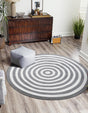 Washable Gray and White 7' 10 x 7' 10 Eco Verse Indoor Outdoor Washable Round Area Rug Easy to Clean Stain Resistant & Durable Weather Resistant for Patio, Deck, Terrace, Balcony, Porch 100% PET Polyester (Recycled Plastic Bottles) for Sale at Rug Engine