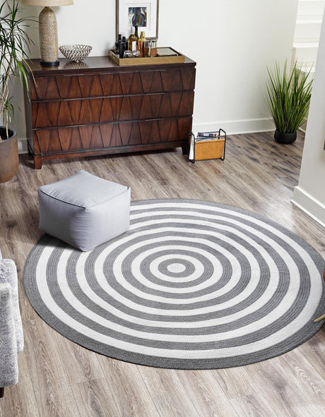 Washable Gray and White 5' 3 x 5' 3 Eco Verse Indoor Outdoor Washable Round Area Rug Easy to Clean Stain Resistant & Durable Weather Resistant for Patio, Deck, Terrace, Balcony, Porch 100% PET Polyester (Recycled Plastic Bottles) for Sale at Rug Engine