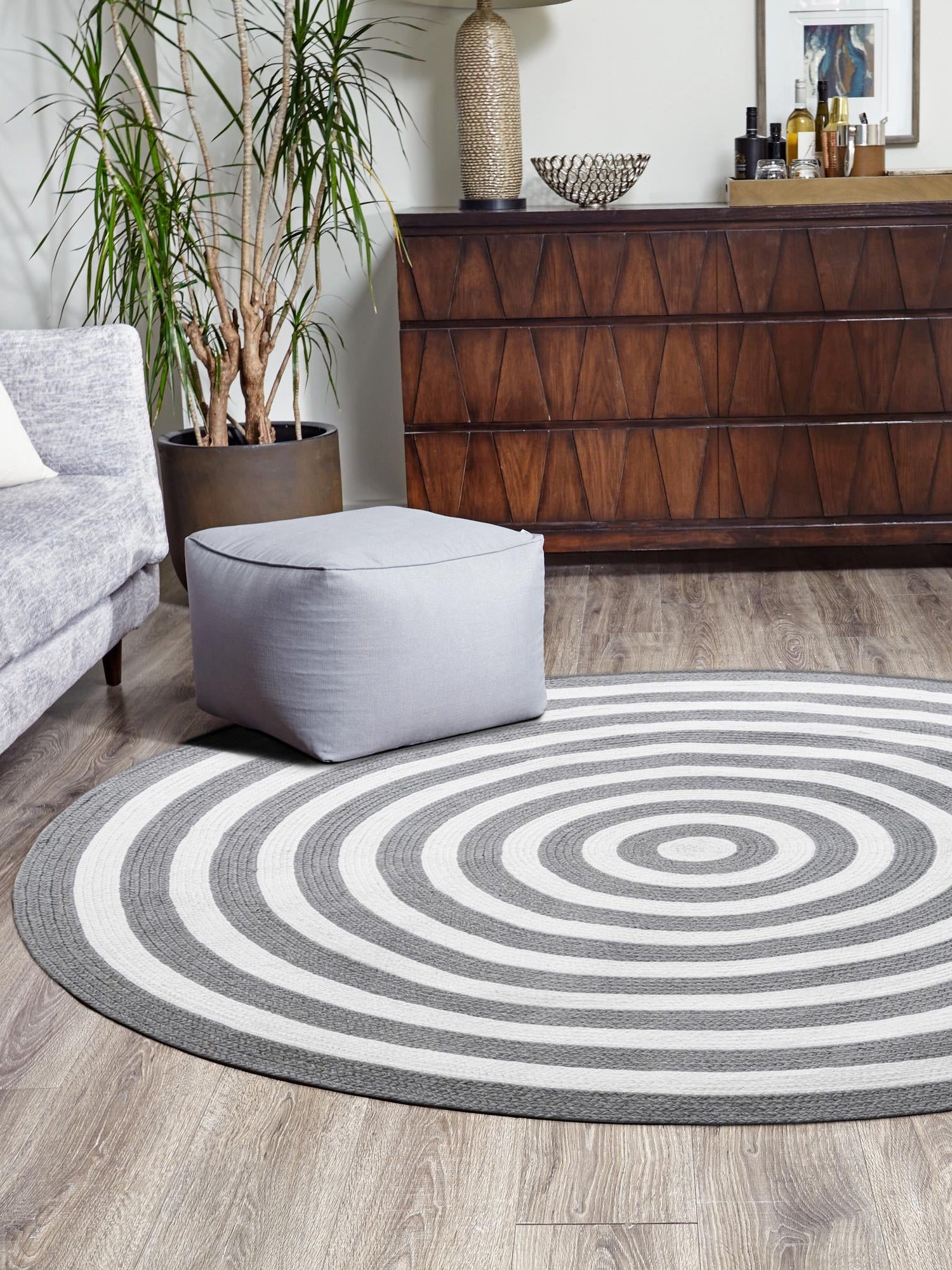Washable Gray and White 5' 3 x 5' 3 Eco Verse Indoor Outdoor Washable Round Area Rug Easy to Clean Stain Resistant & Durable Weather Resistant for Patio, Deck, Terrace, Balcony, Porch 100% PET Polyester (Recycled Plastic Bottles) for Sale at Rug Engine