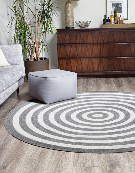 Washable Gray and White 5' 3 x 5' 3 Eco Verse Indoor Outdoor Washable Round Area Rug Easy to Clean Stain Resistant & Durable Weather Resistant for Patio, Deck, Terrace, Balcony, Porch 100% PET Polyester (Recycled Plastic Bottles) for Sale at Rug Engine
