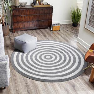 Washable Gray and White 3' 3 x 3' 3 Eco Verse Indoor Outdoor Washable Round Area Rug Easy to Clean Stain Resistant & Durable Weather Resistant for Patio, Deck, Terrace, Balcony, Porch 100% PET Polyester (Recycled Plastic Bottles) for Sale at Rug Engine
