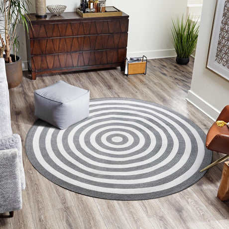 Washable Gray and White 3' 3 x 3' 3 Eco Verse Indoor Outdoor Washable Round Area Rug Easy to Clean Stain Resistant & Durable Weather Resistant for Patio, Deck, Terrace, Balcony, Porch 100% PET Polyester (Recycled Plastic Bottles) for Sale at Rug Engine