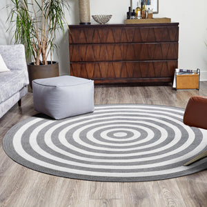Washable Gray and White 3' 3 x 3' 3 Eco Verse Indoor Outdoor Washable Round Area Rug Easy to Clean Stain Resistant & Durable Weather Resistant for Patio, Deck, Terrace, Balcony, Porch 100% PET Polyester (Recycled Plastic Bottles) for Sale at Rug Engine