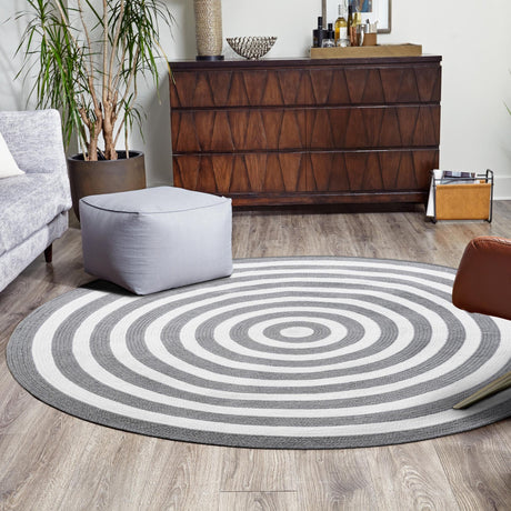 Washable Gray and White 3' 3 x 3' 3 Eco Verse Indoor Outdoor Washable Round Area Rug Easy to Clean Stain Resistant & Durable Weather Resistant for Patio, Deck, Terrace, Balcony, Porch 100% PET Polyester (Recycled Plastic Bottles) for Sale at Rug Engine