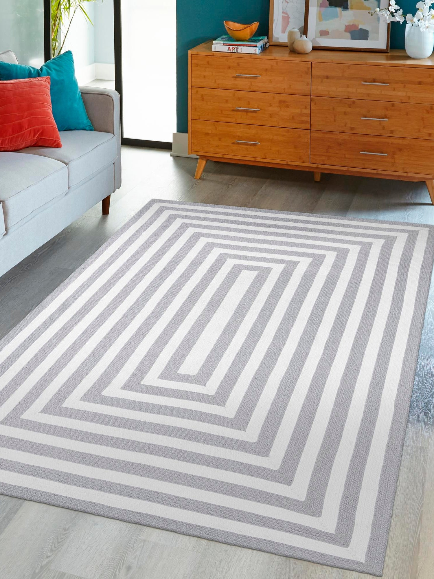 Washable Gray and White 4' 1 x 6' 1 Eco Verse Indoor Outdoor Washable Rectangle Area Rug Easy to Clean Stain Resistant & Durable Weather Resistant for Patio, Deck, Terrace, Balcony, Porch 100% PET Polyester (Recycled Plastic Bottles) for Sale at Rug Engine