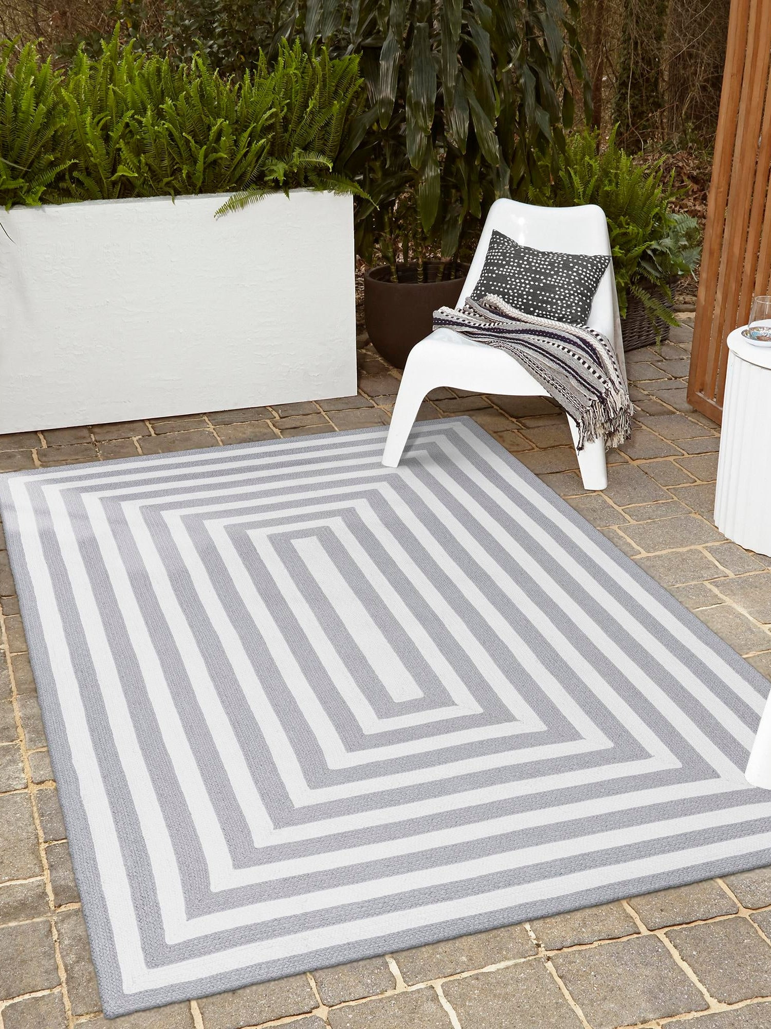 Washable Gray and White 5' 3 x 8' Eco Verse Indoor Outdoor Washable Rectangle Area Rug Easy to Clean Stain Resistant & Durable Weather Resistant for Patio, Deck, Terrace, Balcony, Porch 100% PET Polyester (Recycled Plastic Bottles) for Sale at Rug Engine
