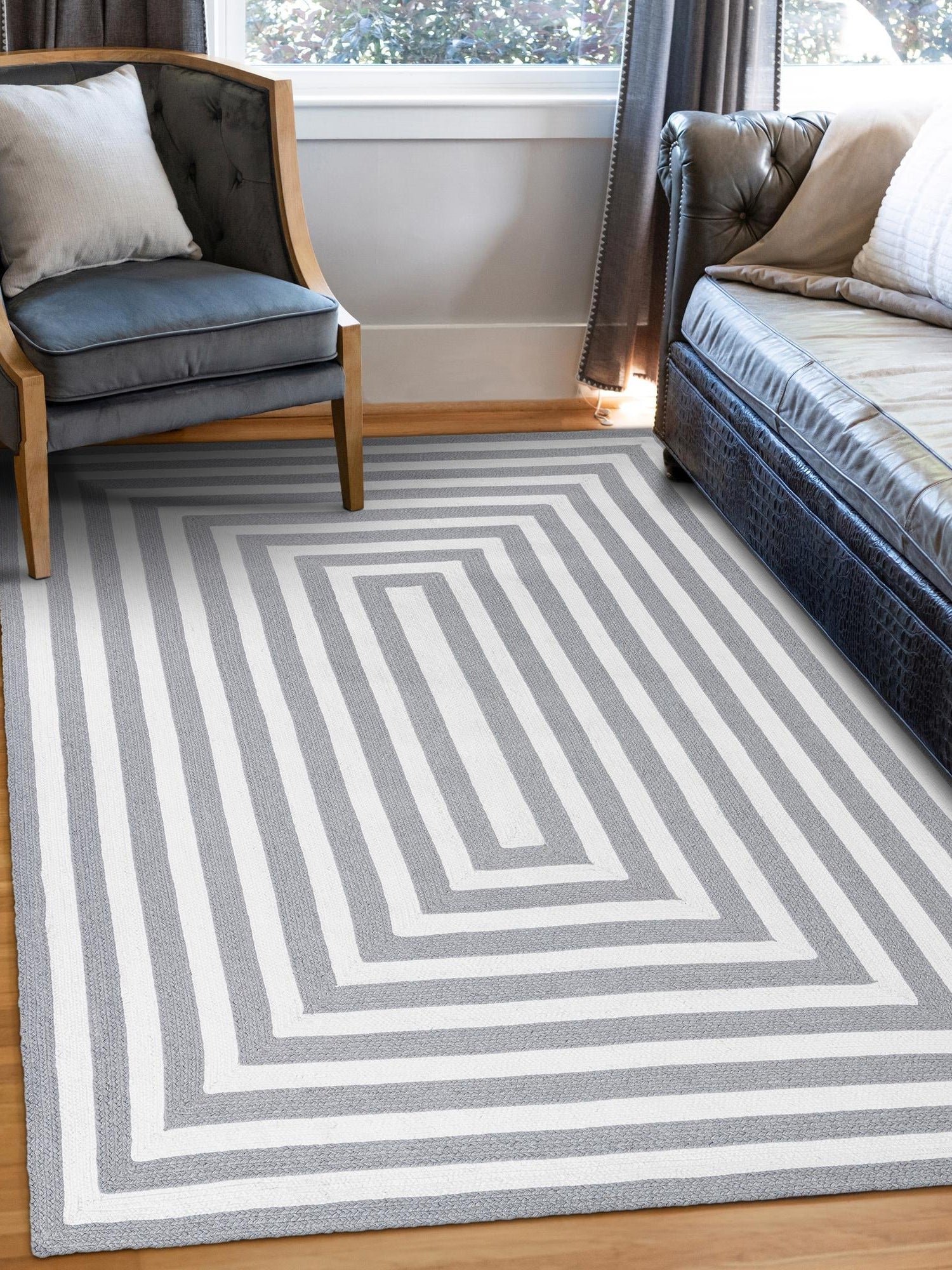 Washable Gray and White 5' 3 x 8' Eco Verse Indoor Outdoor Washable Rectangle Area Rug Easy to Clean Stain Resistant & Durable Weather Resistant for Patio, Deck, Terrace, Balcony, Porch 100% PET Polyester (Recycled Plastic Bottles) for Sale at Rug Engine