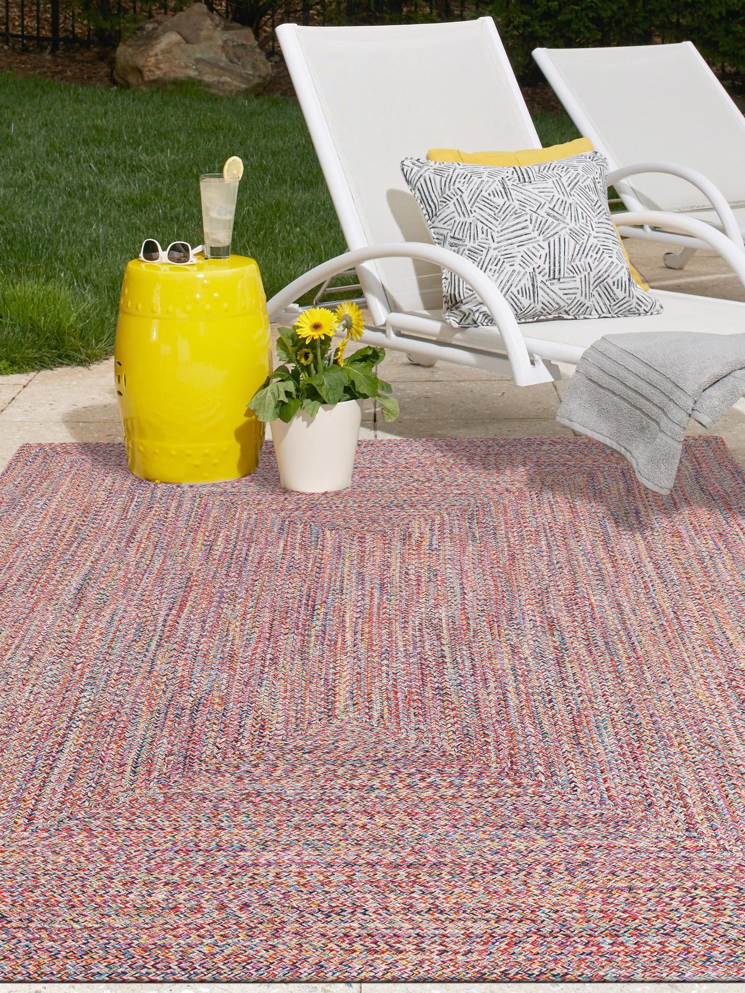 Washable Multicolor 3' 3 x 3' 3 Eco Verse Indoor Outdoor Washable Round Area Rug Easy to Clean Stain Resistant & Durable Weather Resistant for Patio, Deck, Terrace, Balcony, Porch 100% PET Polyester (Recycled Plastic Bottles) for Sale at Rug Engine