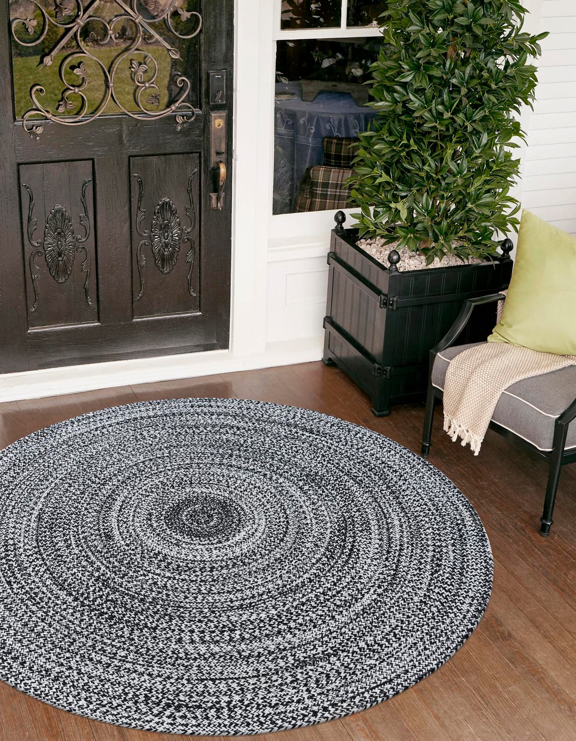 Washable Black and White 5' 3 x 5' 3 Eco Verse Indoor Outdoor Washable Round Area Rug Easy to Clean Stain Resistant & Durable Weather Resistant for Patio, Deck, Terrace, Balcony, Porch 100% PET Polyester (Recycled Plastic Bottles) for Sale at Rug Engine