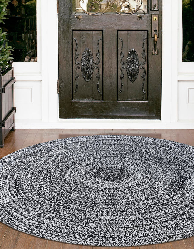 Washable Black and White 5' 3 x 5' 3 Eco Verse Indoor Outdoor Washable Round Area Rug Easy to Clean Stain Resistant & Durable Weather Resistant for Patio, Deck, Terrace, Balcony, Porch 100% PET Polyester (Recycled Plastic Bottles) for Sale at Rug Engine