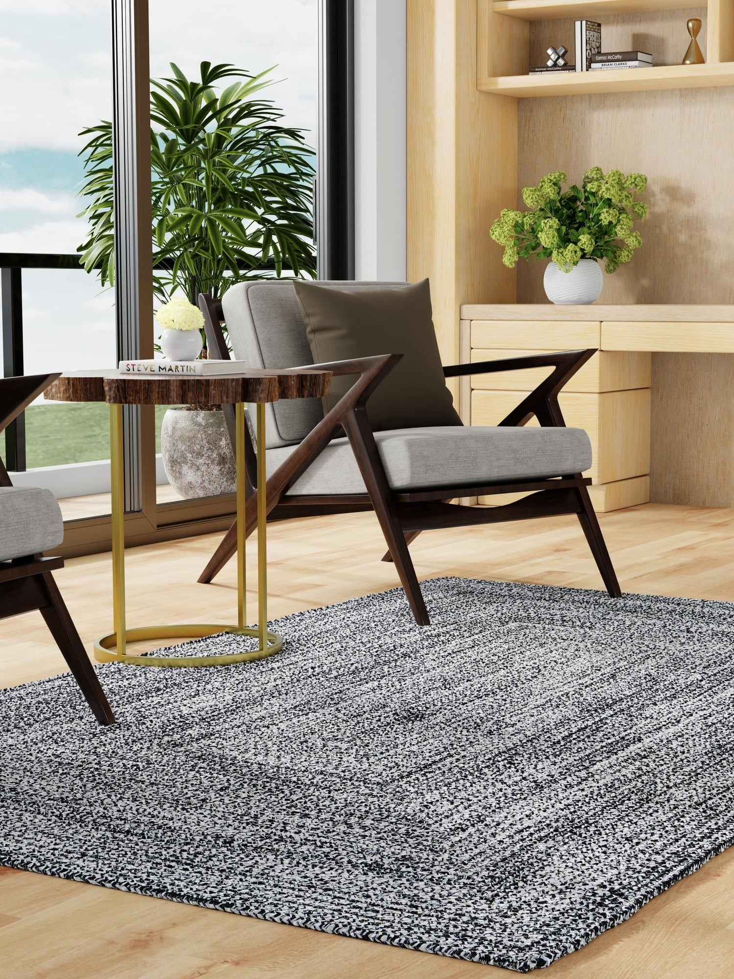 Washable Black and White 4' 1 x 6' 1 Eco Verse Indoor Outdoor Washable Rectangle Area Rug Easy to Clean Stain Resistant & Durable Weather Resistant for Patio, Deck, Terrace, Balcony, Porch 100% PET Polyester (Recycled Plastic Bottles) for Sale at Rug Engine