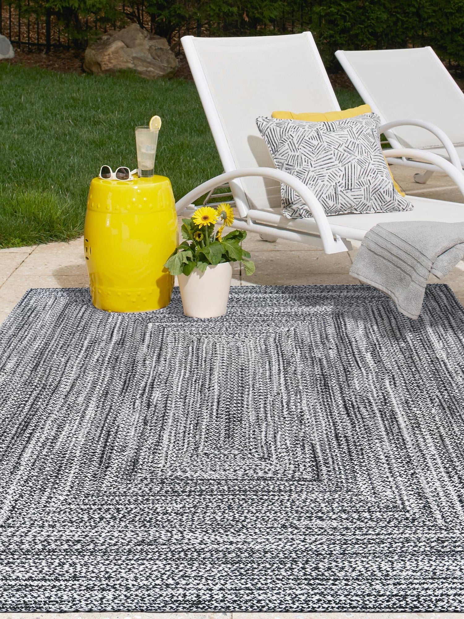 Washable Black and White 9' x 12' Eco Verse Indoor Outdoor Washable Rectangle Area Rug Easy to Clean Stain Resistant & Durable Weather Resistant for Patio, Deck, Terrace, Balcony, Porch 100% PET Polyester (Recycled Plastic Bottles) for Sale at Rug Engine