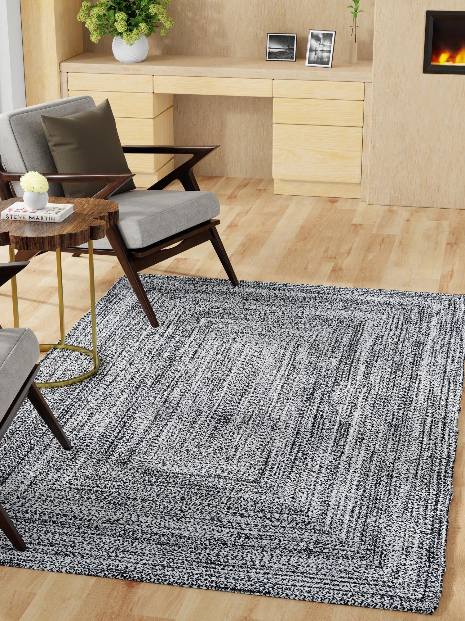 Washable Black and White 9' x 12' Eco Verse Indoor Outdoor Washable Rectangle Area Rug Easy to Clean Stain Resistant & Durable Weather Resistant for Patio, Deck, Terrace, Balcony, Porch 100% PET Polyester (Recycled Plastic Bottles) for Sale at Rug Engine