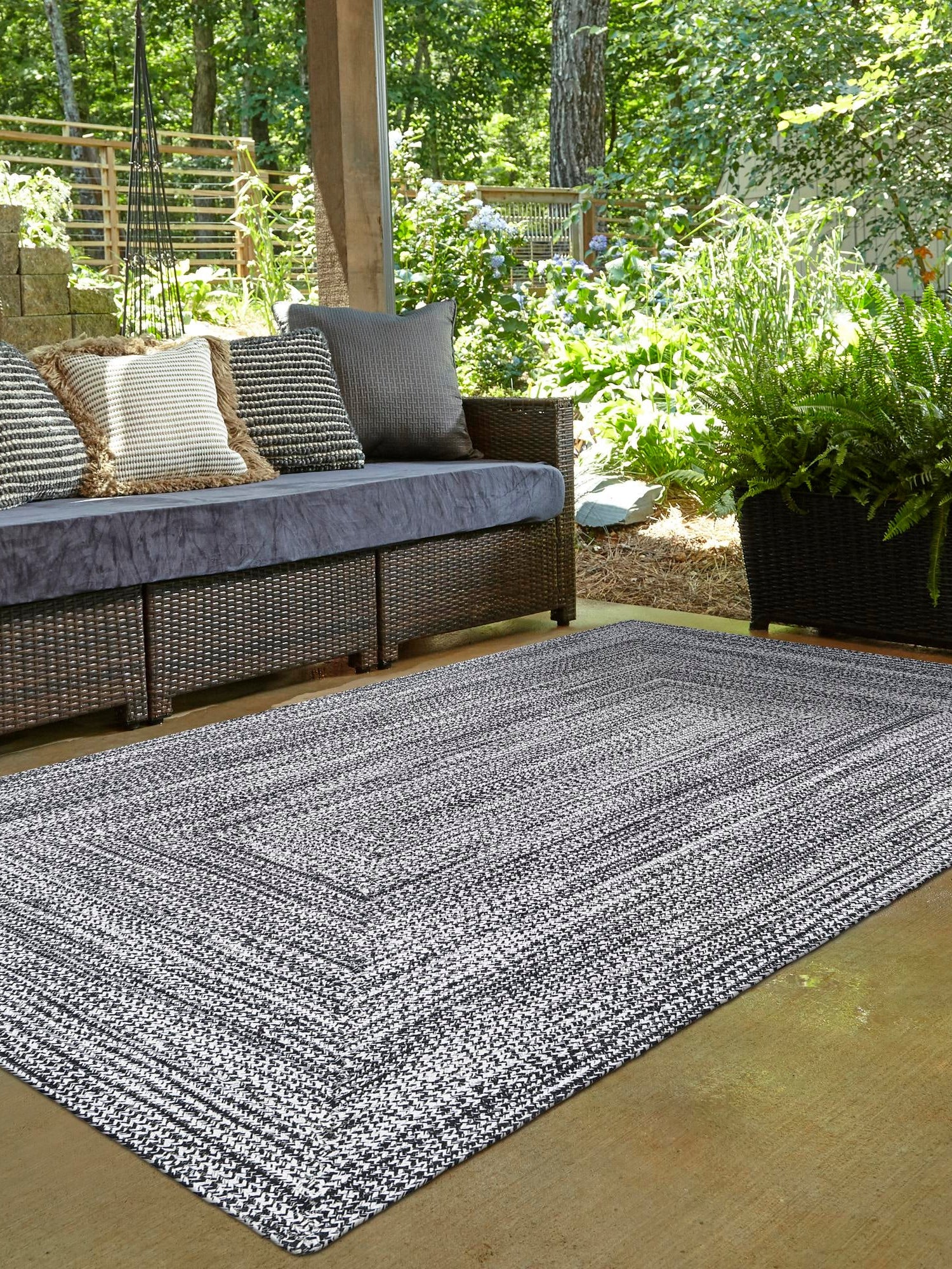 Washable Black and White 7' 10 x 10' Eco Verse Indoor Outdoor Washable Rectangle Area Rug Easy to Clean Stain Resistant & Durable Weather Resistant for Patio, Deck, Terrace, Balcony, Porch 100% PET Polyester (Recycled Plastic Bottles) for Sale at Rug Engine