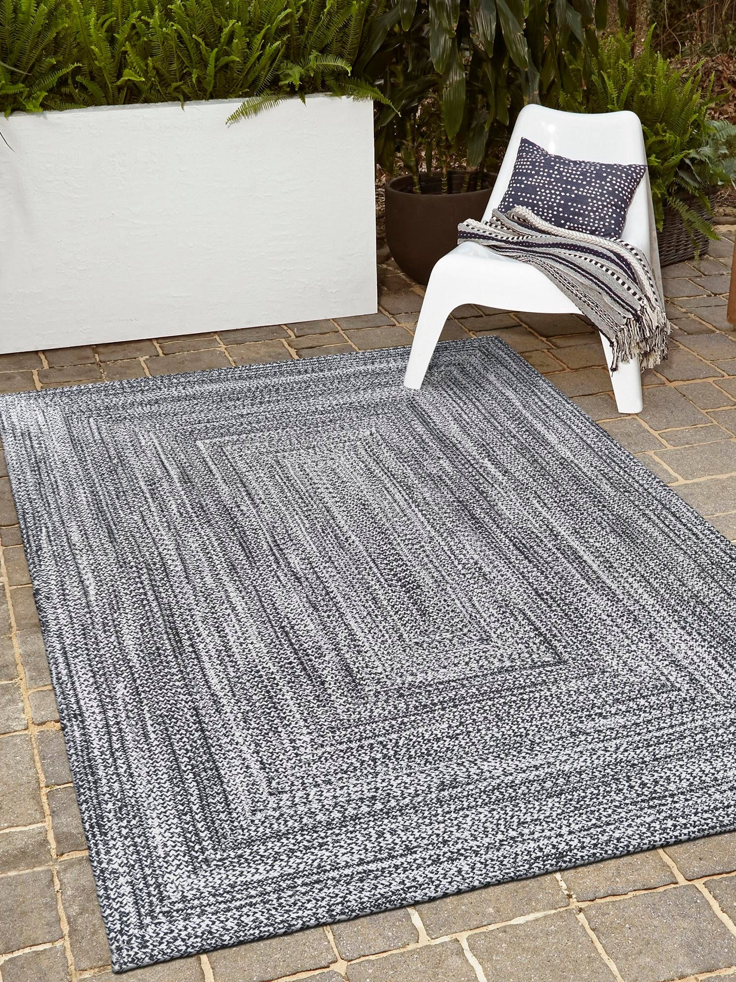 Washable Black and White 5' 3 x 8' Eco Verse Indoor Outdoor Washable Rectangle Area Rug Easy to Clean Stain Resistant & Durable Weather Resistant for Patio, Deck, Terrace, Balcony, Porch 100% PET Polyester (Recycled Plastic Bottles) for Sale at Rug Engine