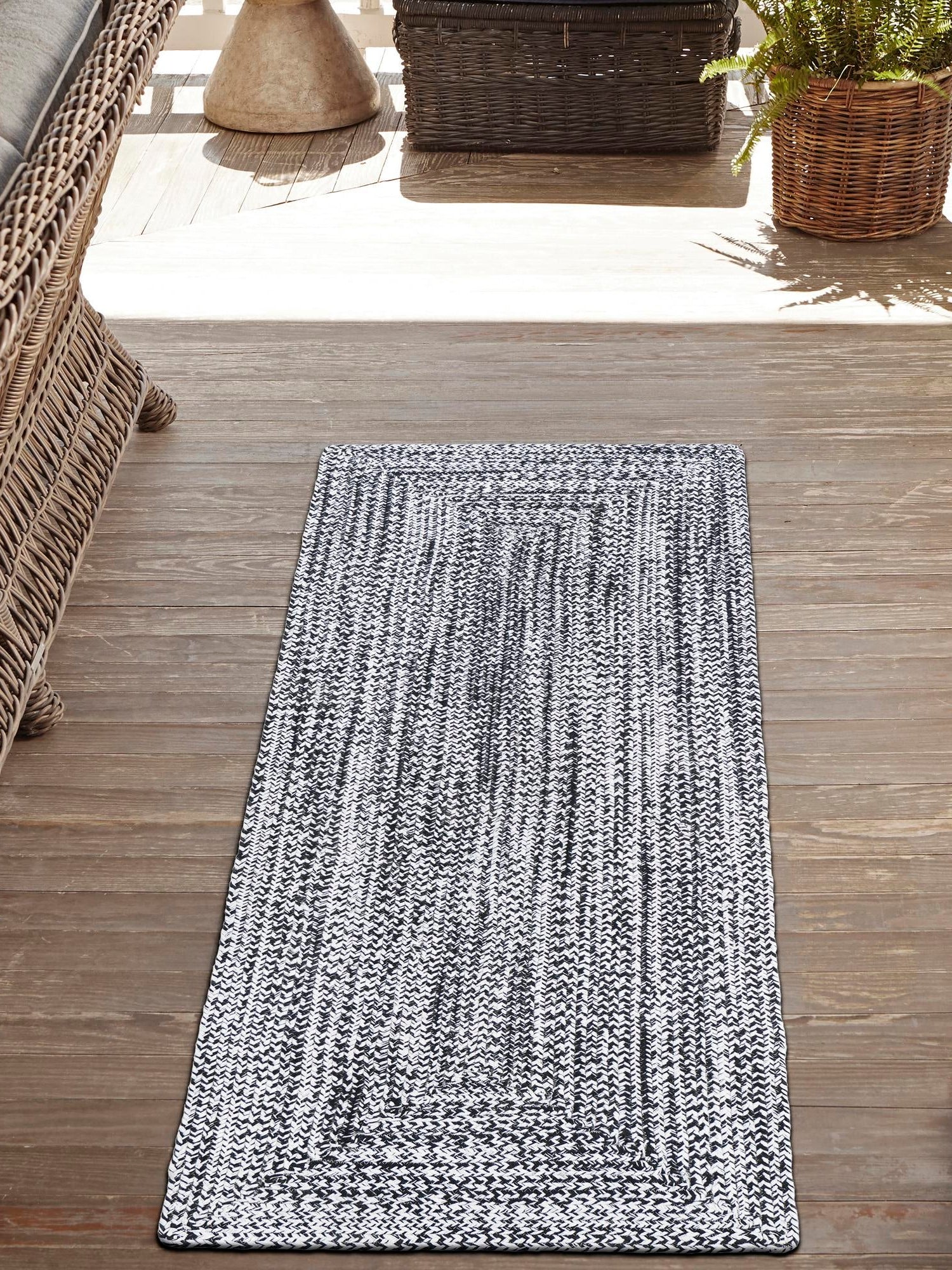 Washable Black and White 2' 7 x 10' Eco Verse Indoor Outdoor Washable Runner Area Rug Easy to Clean Stain Resistant & Durable Weather Resistant for Patio, Deck, Terrace, Balcony, Porch 100% PET Polyester (Recycled Plastic Bottles) for Sale at Rug Engine