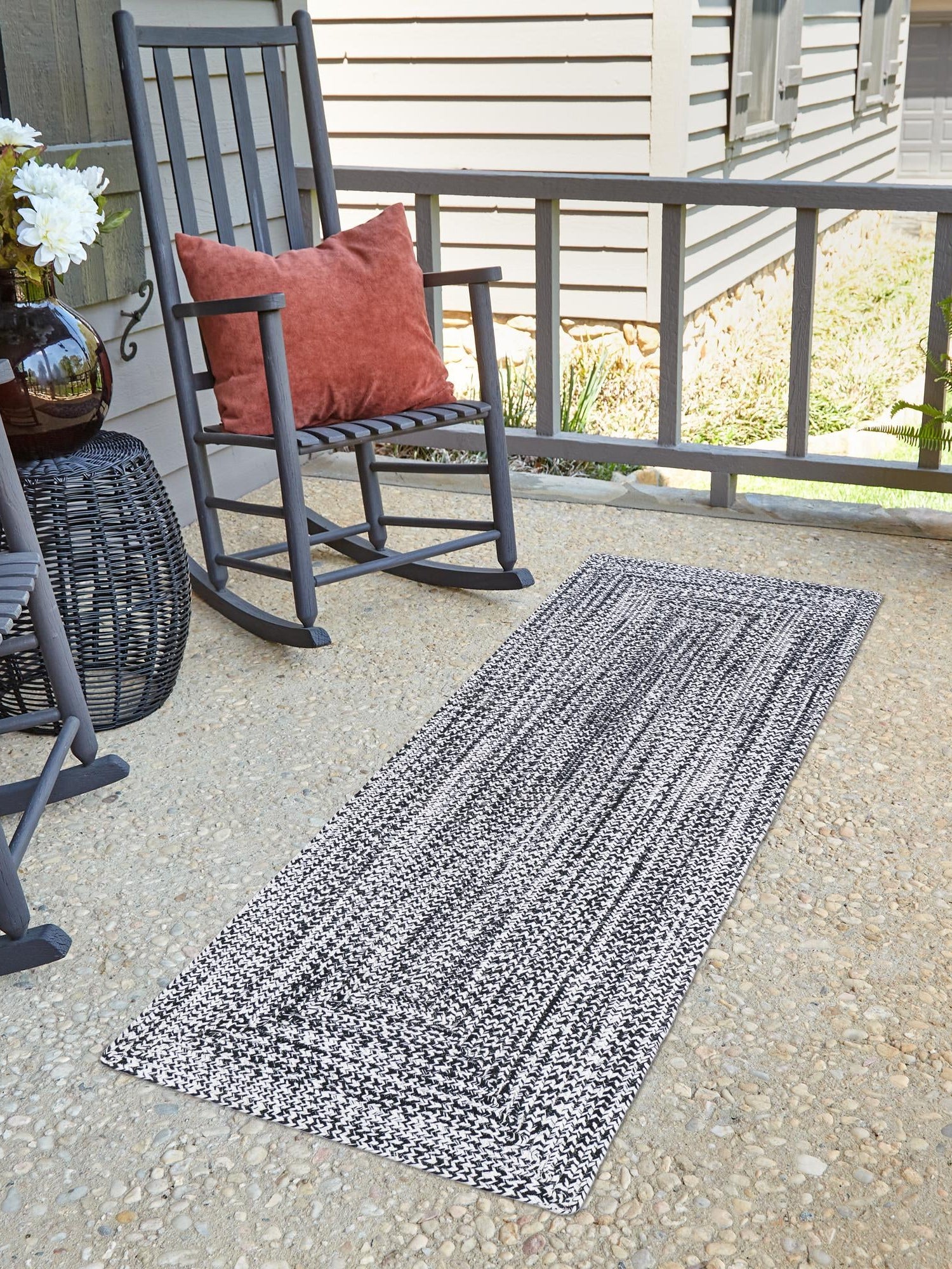 Washable Black and White 2' 7 x 10' Eco Verse Indoor Outdoor Washable Runner Area Rug Easy to Clean Stain Resistant & Durable Weather Resistant for Patio, Deck, Terrace, Balcony, Porch 100% PET Polyester (Recycled Plastic Bottles) for Sale at Rug Engine