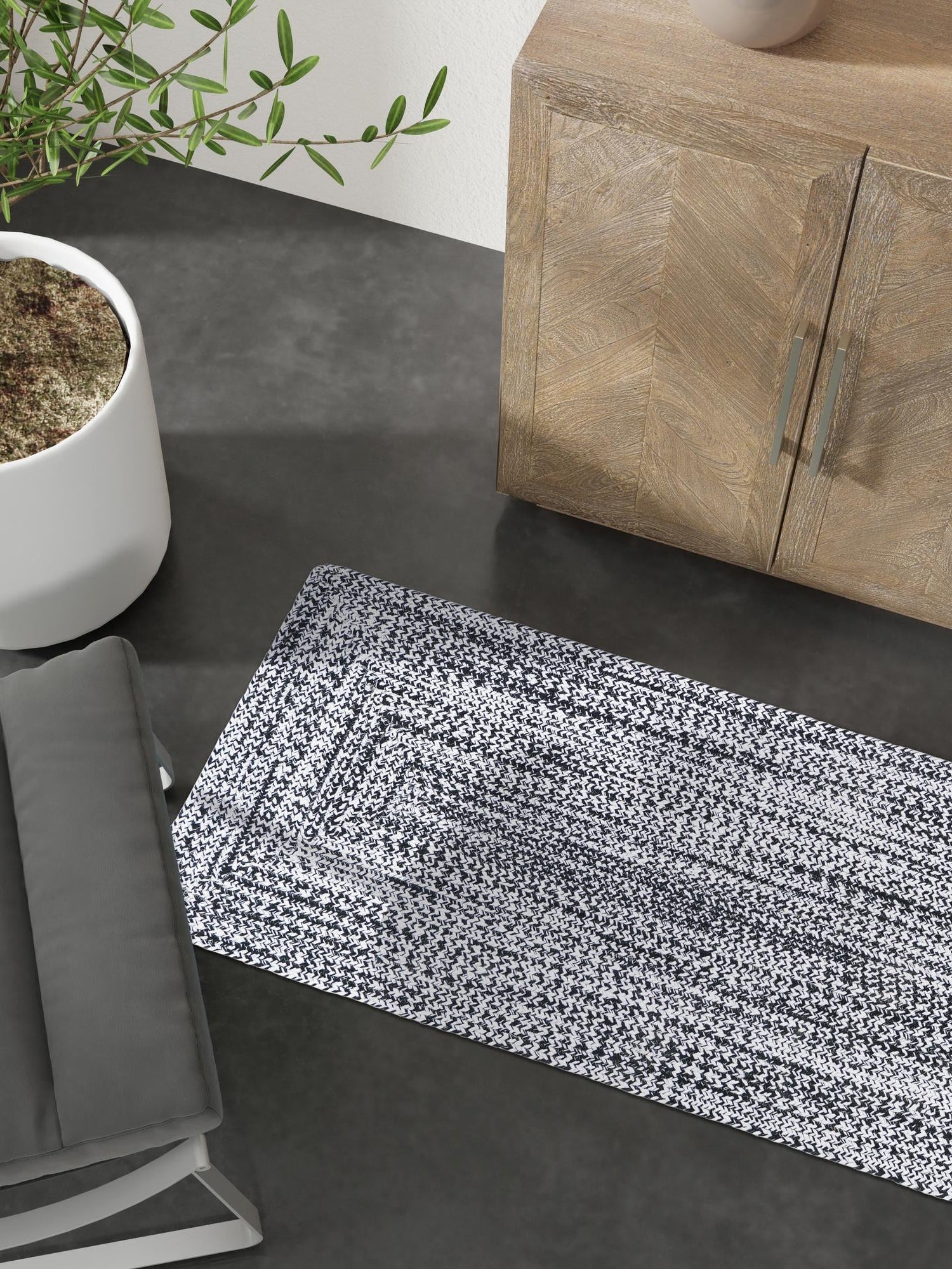 Washable Black and White 2' x 6' 1 Eco Verse Indoor Outdoor Washable Runner Area Rug Easy to Clean Stain Resistant & Durable Weather Resistant for Patio, Deck, Terrace, Balcony, Porch 100% PET Polyester (Recycled Plastic Bottles) for Sale at Rug Engine