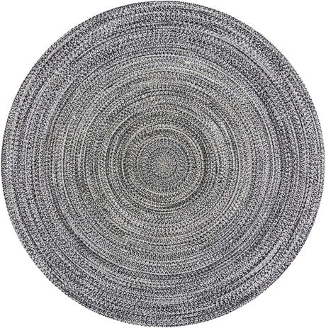Washable Black and White 7' 10 x 7' 10 Eco Verse Indoor Outdoor Washable Round Area Rug Easy to Clean Stain Resistant & Durable Weather Resistant for Patio, Deck, Terrace, Balcony, Porch 100% PET Polyester (Recycled Plastic Bottles) for Sale at Rug Engine