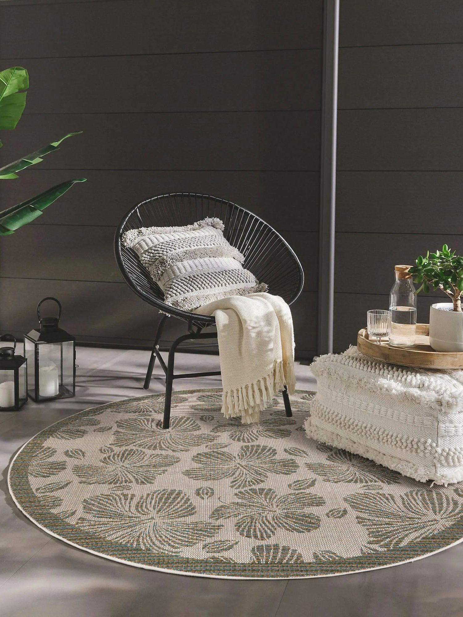 Ivory and Beige 7' 10 x 7' 10 Baja Outdoor Round Area Rug Weather Resistant for Patio, Deck, Terrace, Balcony, Porch 100% Polypropylene Modern Outside Decor for Sale at Rug Engine