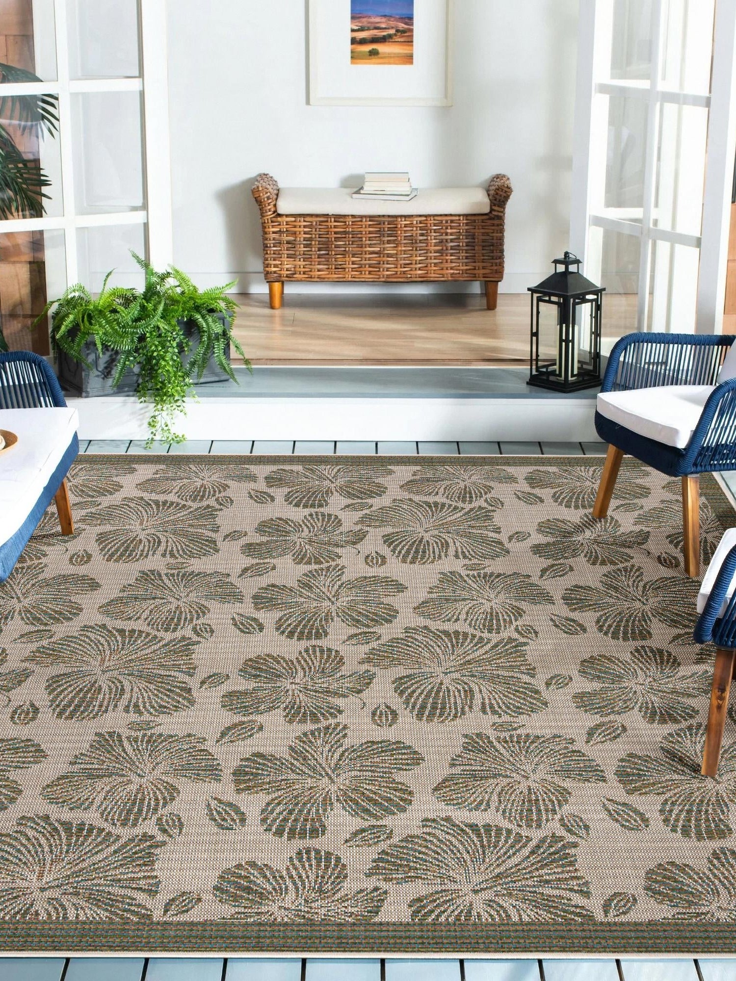 Ivory and Beige 7' 10 x 7' 10 Baja Outdoor Square Area Rug Weather Resistant for Patio, Deck, Terrace, Balcony, Porch 100% Polypropylene Modern Outside Decor for Sale at Rug Engine