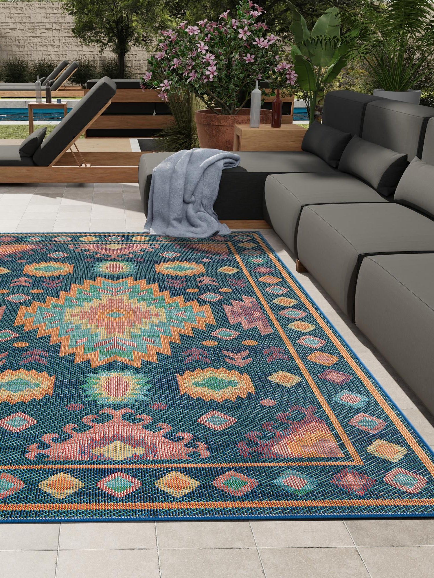 Navy Blue 5' 3 x 8' Baja Outdoor Rectangle Area Rug Weather Resistant for Patio, Deck, Terrace, Balcony, Porch 100% Polypropylene Modern Outside Decor for Sale at Rug Engine