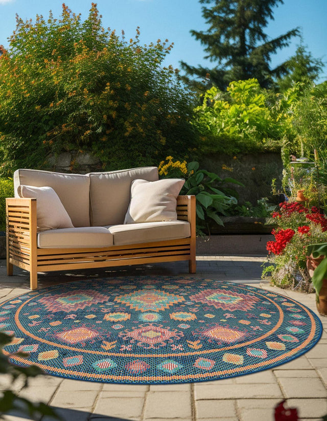 Navy Blue 4' 1 x 4' 1 Baja Outdoor Round Area Rug Weather Resistant for Patio, Deck, Terrace, Balcony, Porch 100% Polypropylene Modern Outside Decor for Sale at Rug Engine
