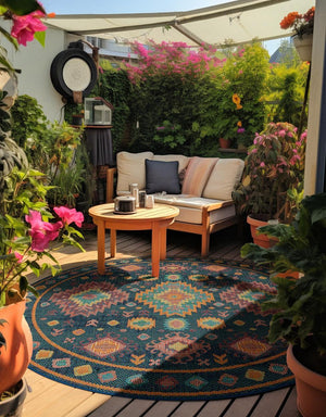 Navy Blue 4' 1 x 4' 1 Baja Outdoor Round Area Rug Weather Resistant for Patio, Deck, Terrace, Balcony, Porch 100% Polypropylene Modern Outside Decor for Sale at Rug Engine