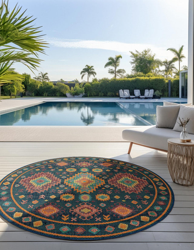Navy Blue 10' x 10' Baja Outdoor Round Area Rug Weather Resistant for Patio, Deck, Terrace, Balcony, Porch 100% Polypropylene Modern Outside Decor for Sale at Rug Engine