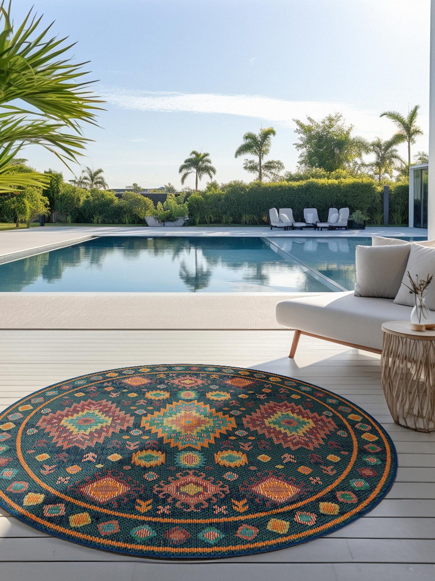 Navy Blue 6' 1 x 6' 1 Baja Outdoor Round Area Rug Weather Resistant for Patio, Deck, Terrace, Balcony, Porch 100% Polypropylene Modern Outside Decor for Sale at Rug Engine