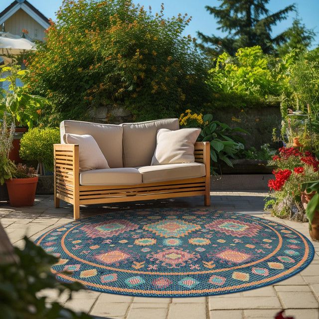 Navy Blue 3' 3 x 3' 3 Baja Outdoor Round Area Rug Weather Resistant for Patio, Deck, Terrace, Balcony, Porch 100% Polypropylene Modern Outside Decor for Sale at Rug Engine