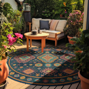 Navy Blue 3' 3 x 3' 3 Baja Outdoor Round Area Rug Weather Resistant for Patio, Deck, Terrace, Balcony, Porch 100% Polypropylene Modern Outside Decor for Sale at Rug Engine