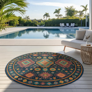 Navy Blue 3' 3 x 3' 3 Baja Outdoor Round Area Rug Weather Resistant for Patio, Deck, Terrace, Balcony, Porch 100% Polypropylene Modern Outside Decor for Sale at Rug Engine