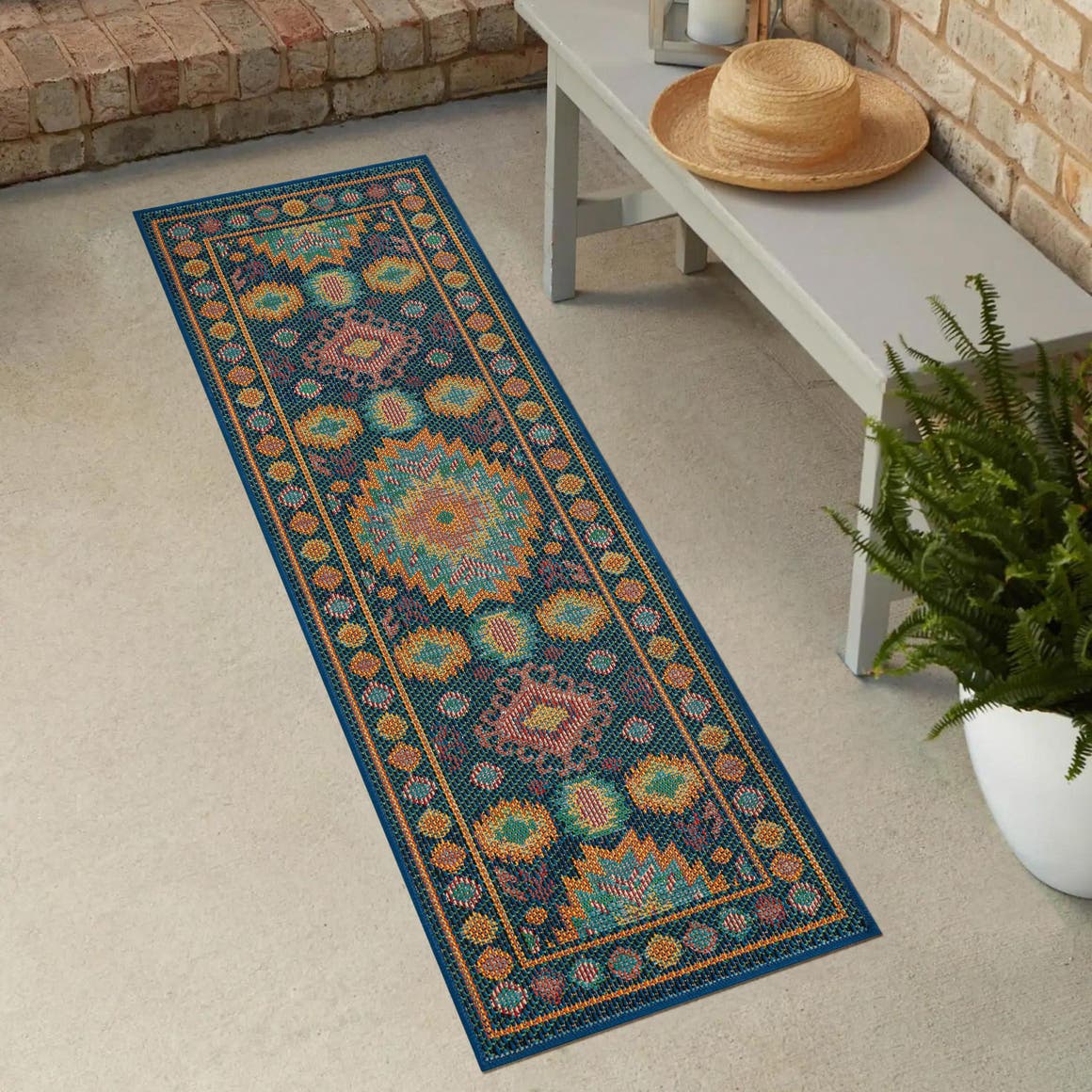 Navy Blue 2' x 8' Baja Outdoor Runner Area Rug Weather Resistant for Patio, Deck, Terrace, Balcony, Porch 100% Polypropylene Modern Outside Decor for Sale at Rug Engine