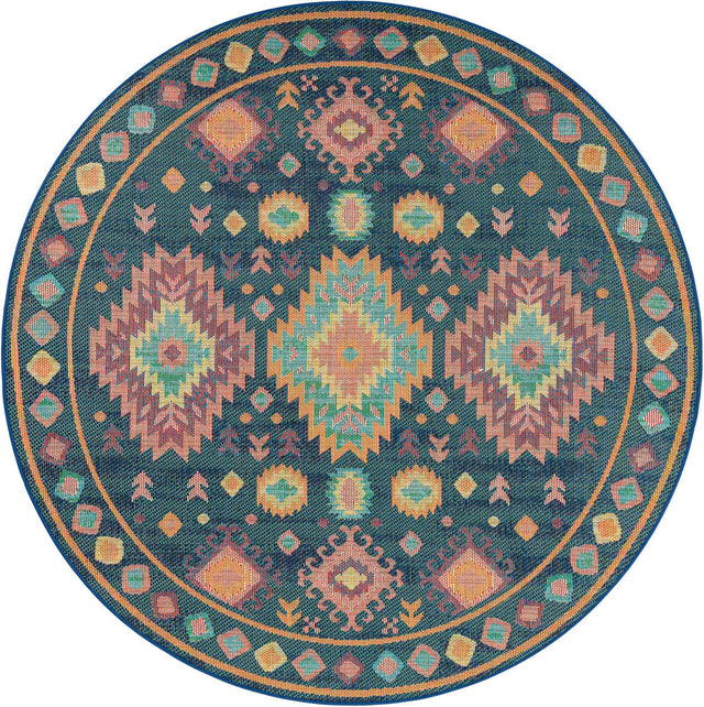 Navy Blue 7' 10 x 7' 10 Baja Outdoor Round Area Rug Weather Resistant for Patio, Deck, Terrace, Balcony, Porch 100% Polypropylene Modern Outside Decor for Sale at Rug Engine