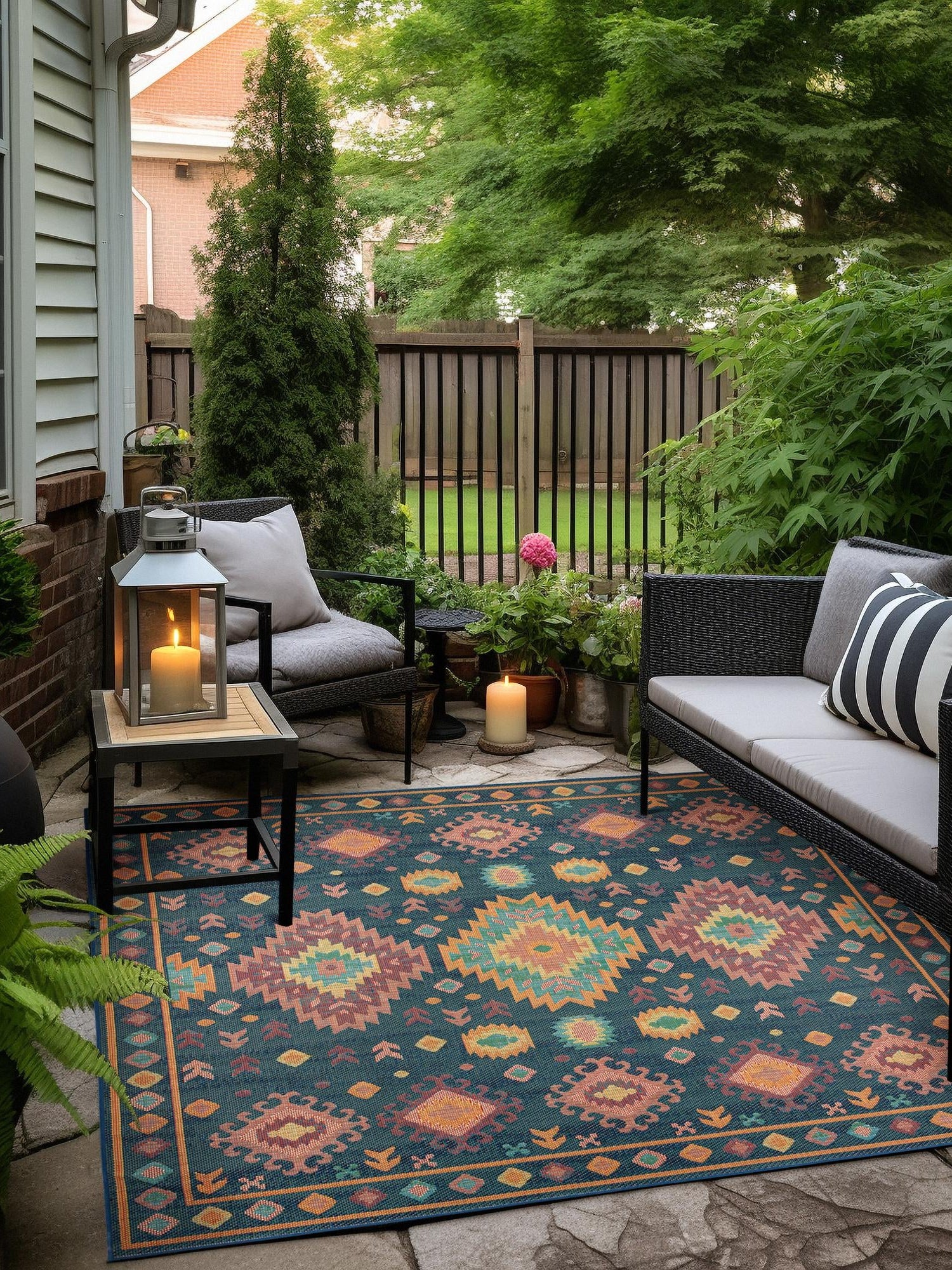 Navy Blue 7' 10 x 7' 10 Baja Outdoor Square Area Rug Weather Resistant for Patio, Deck, Terrace, Balcony, Porch 100% Polypropylene Modern Outside Decor for Sale at Rug Engine