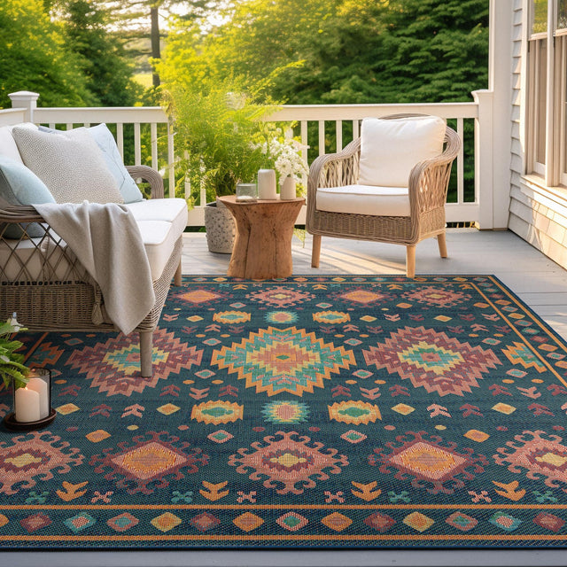 Navy Blue 10' x 10' Baja Outdoor Square Area Rug Weather Resistant for Patio, Deck, Terrace, Balcony, Porch 100% Polypropylene Modern Outside Decor for Sale at Rug Engine